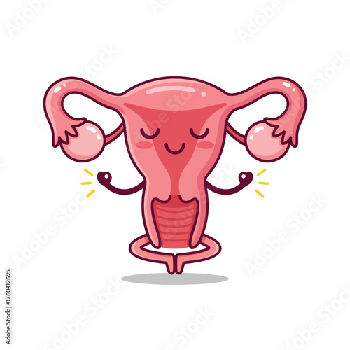 Cute Cartoon Uterus Meditating in Yoga Pose.