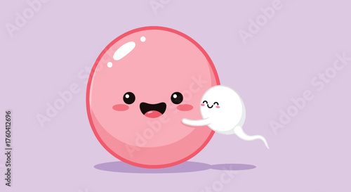 Cute Cartoon Sperm Approaching a Happy Egg Cell.