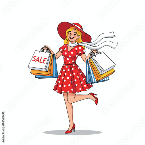Cheerful woman in red polka dot dress with shopping bags and widebrimmed hat.