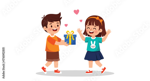 Joyful boy presents a gift to a delighted girl with hearts floating.