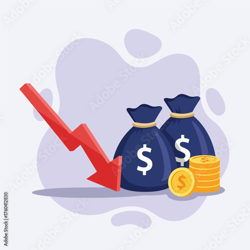 Financial Decline Illustrated with Money Bags and Downward Arrow.