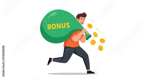 Man running with large green sack labeled BONUS spilling gold coins.