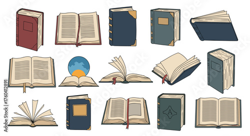 A collection of antique and vintage books displayed in a grid formation.