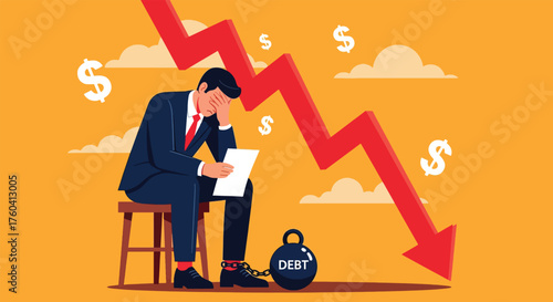 Stressed Businessman Overwhelmed by Debt and Financial Decline.
