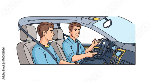 A driving instructor explains the car's controls to a young male student during a lesson inside the vehicle.