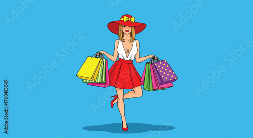 Stylish Woman in Red Hat Holding Colorful Shopping Bags