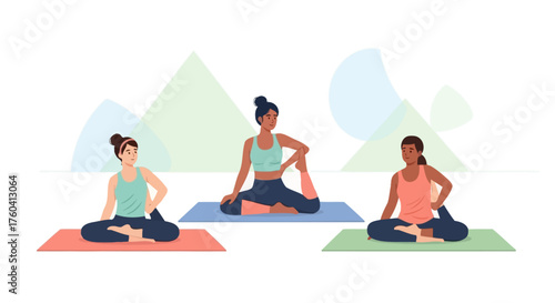Three diverse women practicing yoga together on colorful mats in a serene setting, focusing on flexibility and mindfulness for well-being.