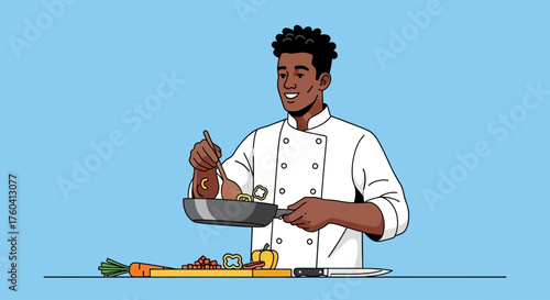 A smiling chef in a white uniform cooking food in a pan with a wooden spoon.