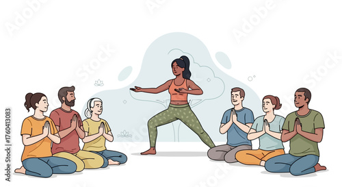 A yoga instructor leads a group of people in a meditation session.