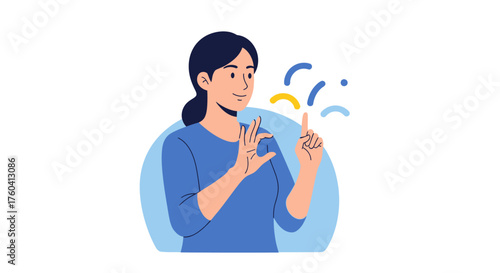 Flat vector illustration of a woman using hand gestures, possibly American Sign Language, to communicate an idea.