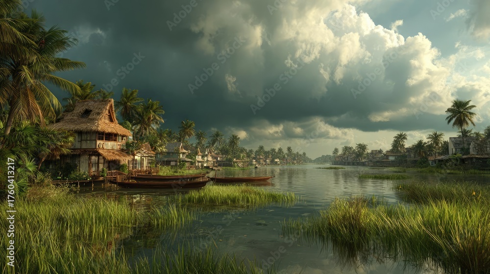 Fototapeta premium Flooded streets on tropical island post hurricane concept. Serene river landscape with lush greenery and dramatic clouds.
