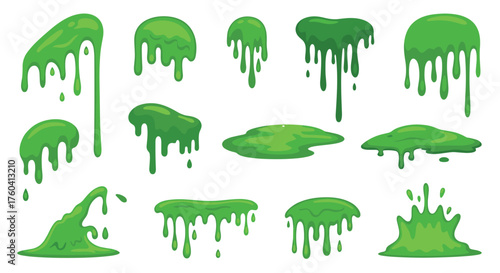 Collection of dripping green goo slime and splashes for game assets or Halloween designs.