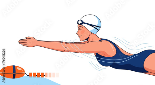 A woman in a blue swimsuit and white swim cap swims forward with her arms extended, a swim buoy and lane markers are visible.