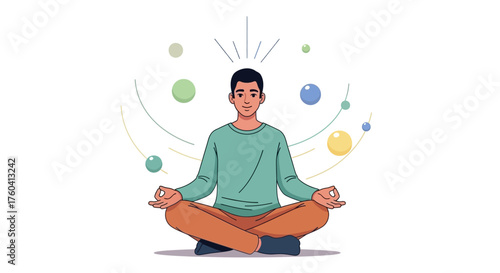 Young man practicing mindfulness meditation in a lotus pose for mental well-being and clarity.