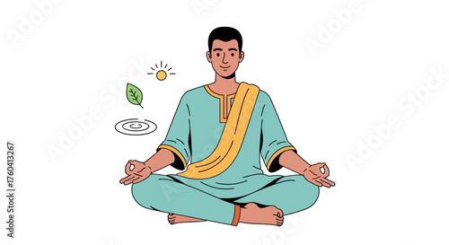 A man meditating peacefully in a lotus position, surrounded by symbols of nature and well-being.