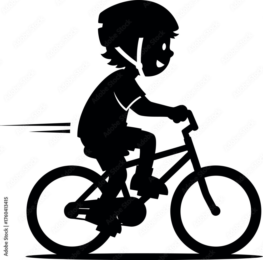 Naklejka premium Silhouette of a child in a helmet riding a bicycle with speed lines indicating motion vector