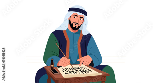 Illustration of a bearded Arab man in traditional attire practicing the art of Arabic calligraphy with a quill and ink.