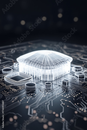 Glowing white wireframe sports arena sits atop a circuit board, connected by luminous traces—concept of digital twins for stadium operations, IoT sensors, and smart venue management.