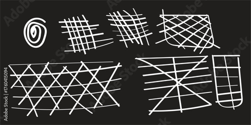 This image features a collection of white line drawings on a black background. The drawings are abstract and geometric, with a focus on linear patterns. Included are a spiral, various grid-like struct