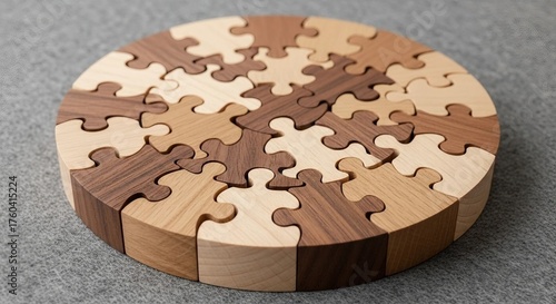 Round wooden jigsaw puzzle on gray background, close up view