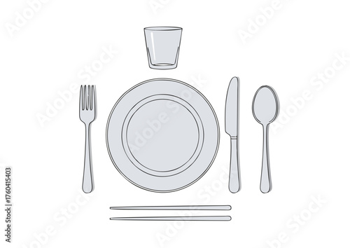 Minimalist Line Art Dinnerware Place Setting with Plate Fork and Knife