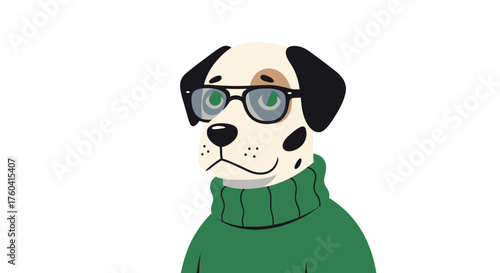 Stylish Dalmatian dog wearing glasses and a green turtleneck sweater illustration