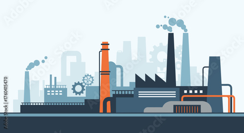 Industrial factory landscape illustration Manufacturing smog and infrastructure icons