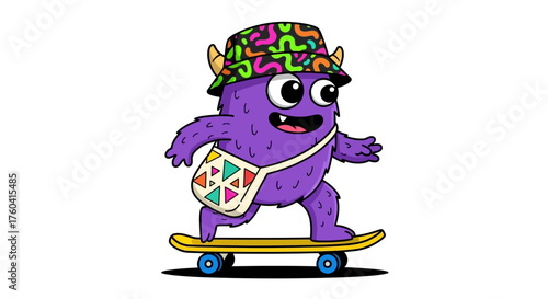 Cool purple monster with a bucket hat skateboarding illustration for youth apparel