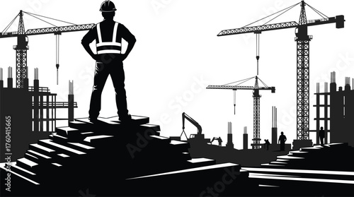 Construction site silhouette, worker with hard hat, cranes lifting materials, urban development, industrial machinery, scaffolding, excavator, engineering, architecture, labor, city growth