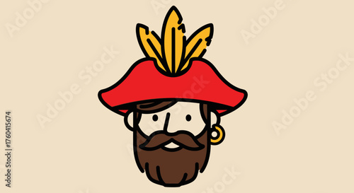Cartoon pirate captain with red hat feathers beard mustache vector illustration design