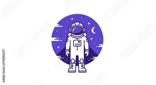 Stylized astronaut in spacesuit against a backdrop of stars and cosmic lunar scene