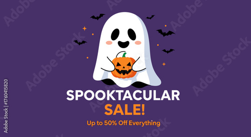Spooktacular Sale banner Cute ghost holding a pumpkin on purple Halloween discount promotion