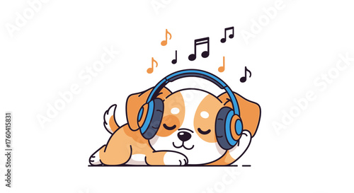 Cute cartoon dog illustration listening to music with headphones on a white background