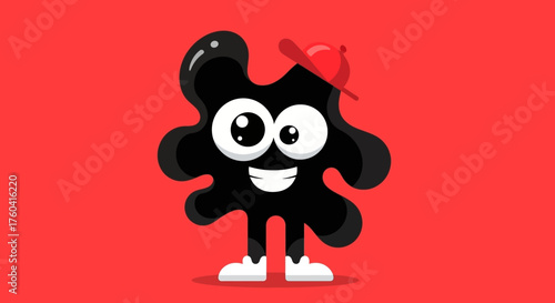Playful black blob cartoon character with red cap against a vibrant red background offers a