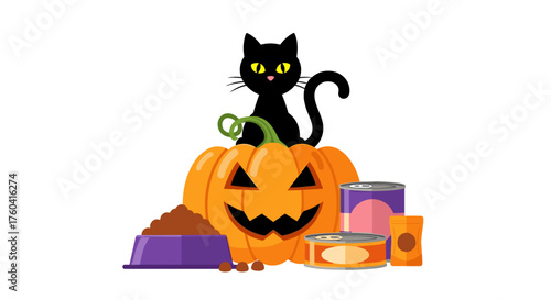 Festive Halloween pet food concept black cat jackolantern and various cat supplies