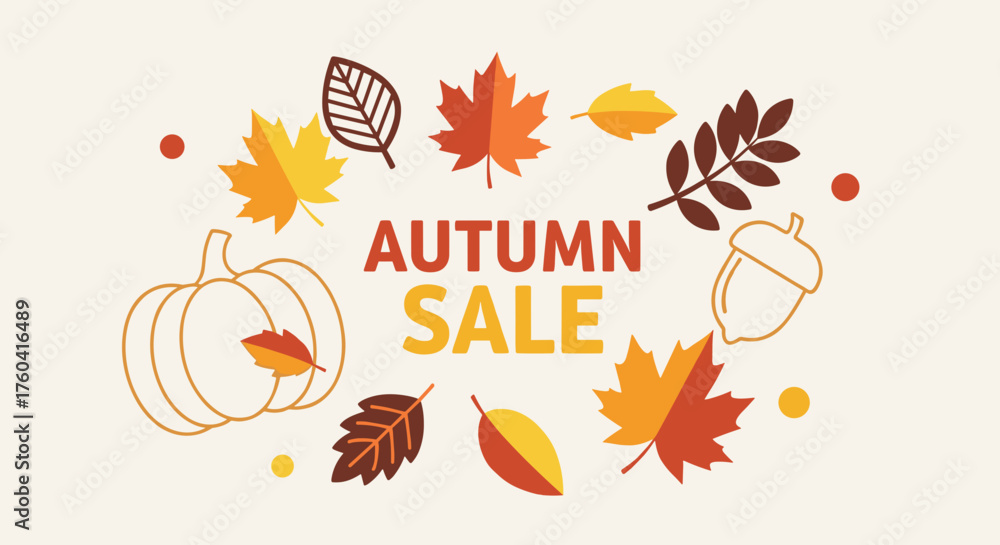 Fototapeta premium Flat design autumn sale banner template featuring colorful fall leaves pumpkin and acorn illustrations