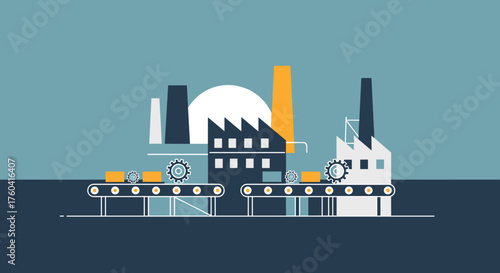 Automation and industrial production line illustration featuring factory buildings