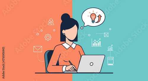 Businesswoman generating ideas on laptop concept of success strategy innovation and workflow