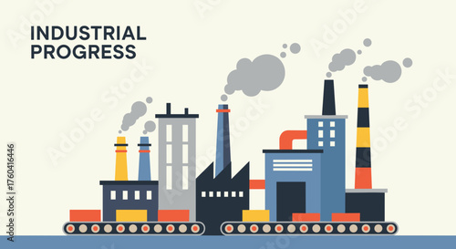 Graphic illustration of industrial progress factory manufacturing and pollution