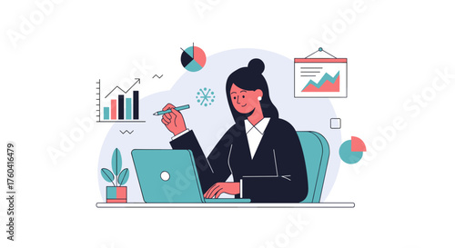 Business analyst reviewing financial growth data and preparing strategic reports illustration