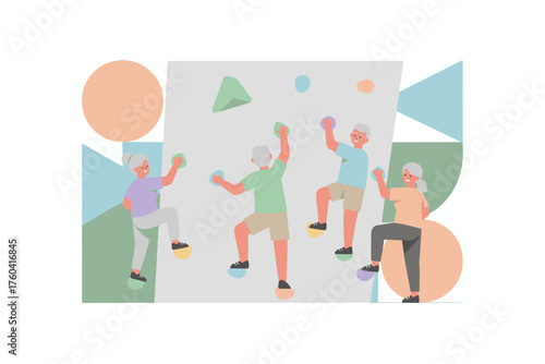 Energetic senior adults enjoy bouldering showcasing active lifestyle and healthy retirement