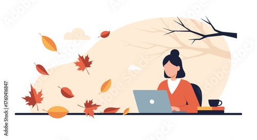 Cozy autumn remote work Woman using laptop outside among falling leaves