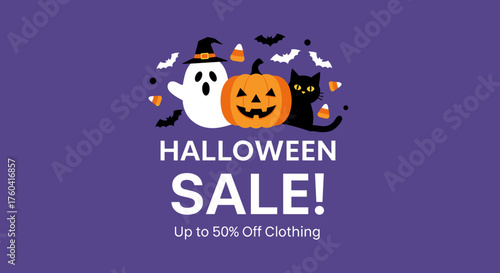 Spooky Halloween Sale banner Ghost pumpkin and black cat illustration for retail promotion
