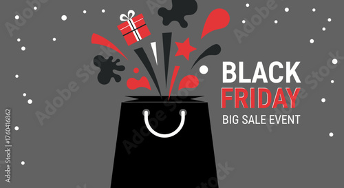 Black Friday Big Sale Event banner with exploding gifts and abstract shapes from a shopping bag