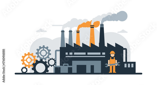 Industrial factory building with smoking chimneys engineer and gears Manufacturing concept