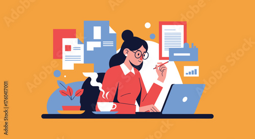 Professional woman reviewing documents and working on laptop with coffee Productivity concept