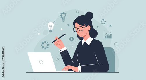 Thoughtful businesswoman planning creative strategy with laptop and idea icons