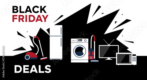 Black Friday sale banner featuring major home appliances and electronics deals illustration