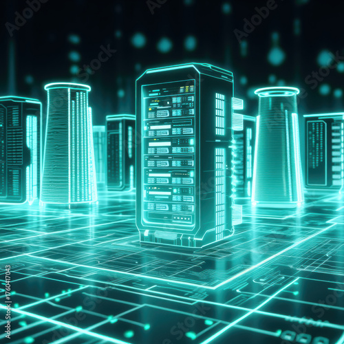 A luminous cyberpunk server room features a central rack glowing with status lights, surrounded by futuristic towers on a circuit-grid floor, evoking high-speed data and cloud power.