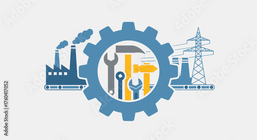 Industrial concept Gear tools manufacturing factories and energy tower illustration